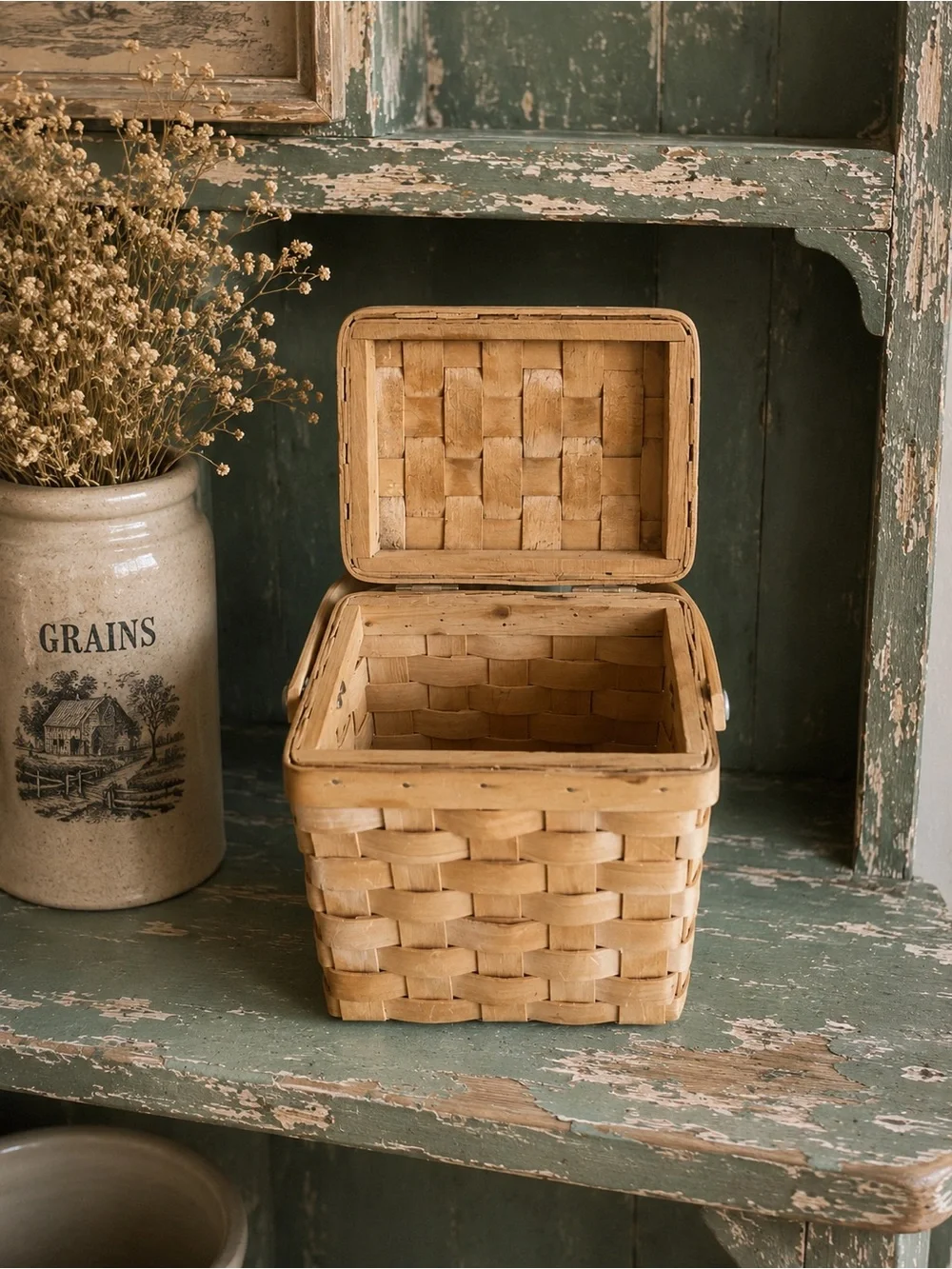 Small Handwoven Natural Brown Picnic/Sewing Basket with Handle